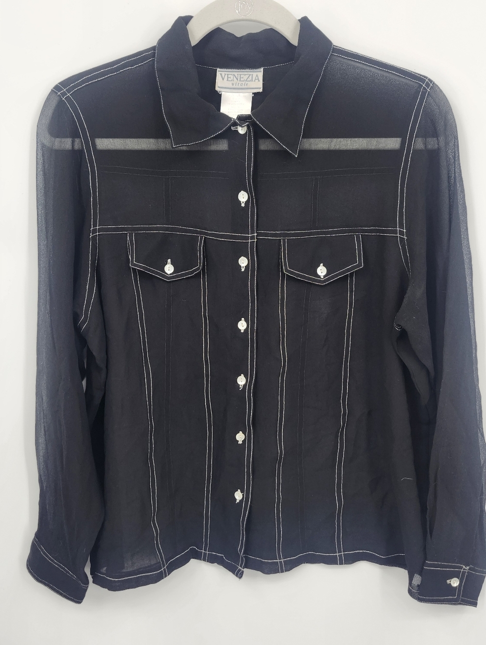 Venezia Sheer Black With White Stitching Long Sleeve Sz M